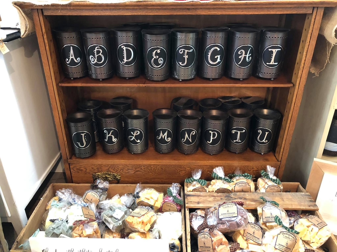 Monogrammed tin candle warmers, A through U